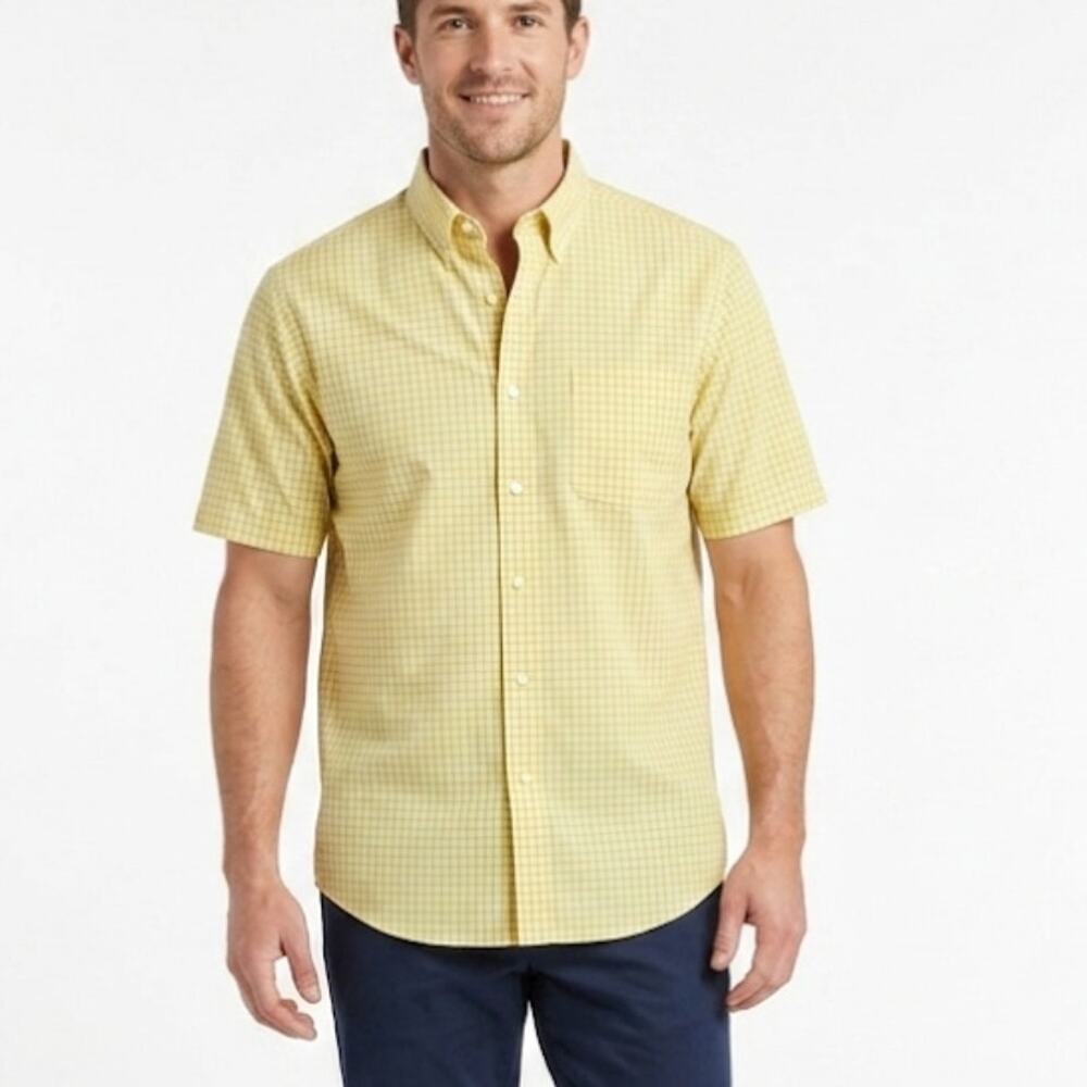 L.L. Bean Mens Short Sleeve Button-Up Shirt Yellow Blue Plaid Cotton Size 2XL